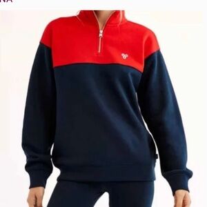 TNA Aritzia quarter zip sweater warm up navy red logo s